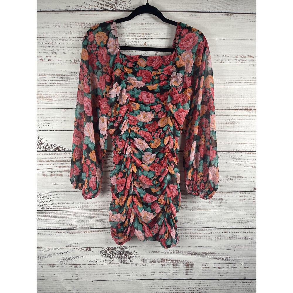 Peach Love Dress Women's Size M Floral Ruched Long Sleeve Sheer Black Multicolor